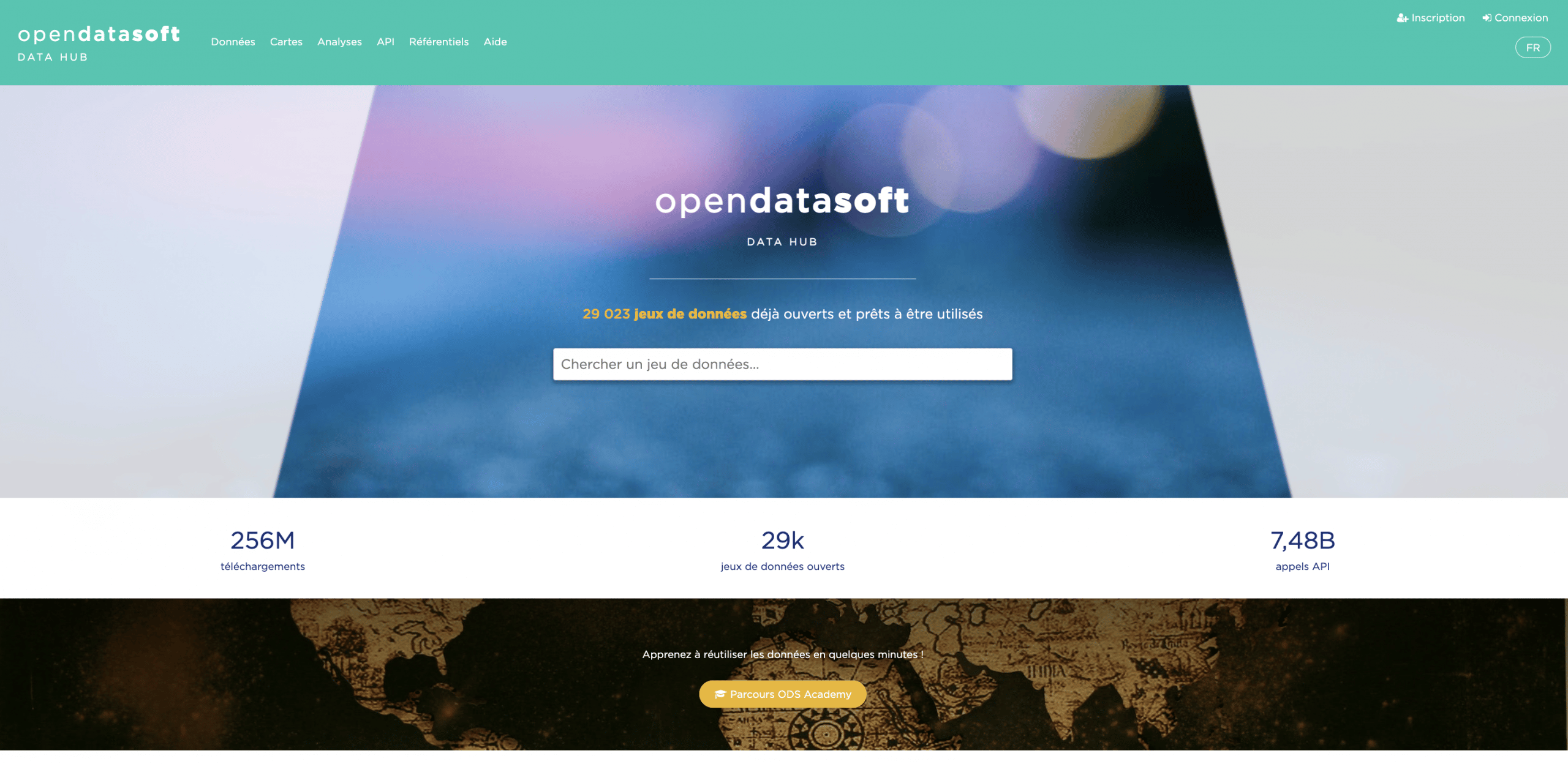 Capture d'écran Page d'accueil Data hub Opendatasoft