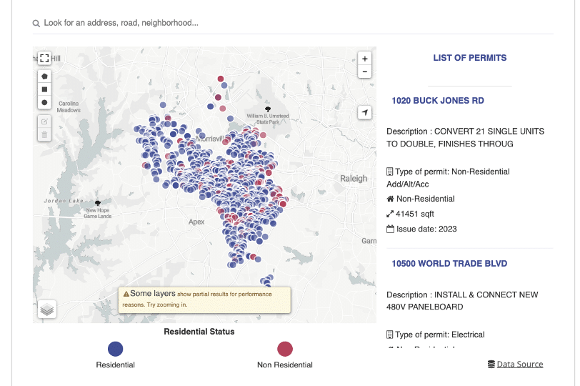 Cary building permits interactive map screenshot