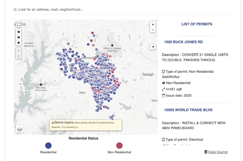 Cary building permits interactive map screenshot